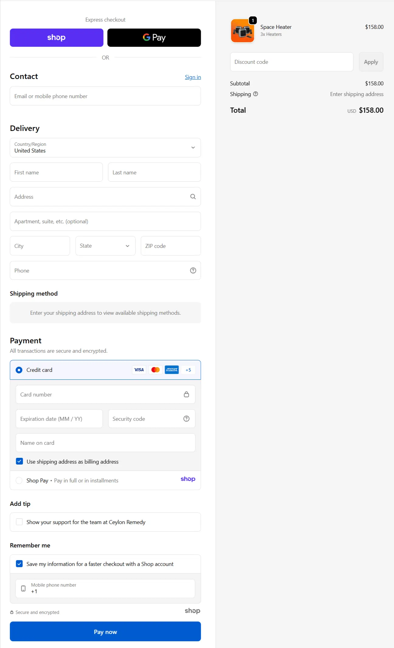 Space Heater secure checkout page